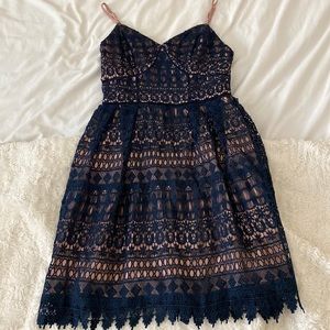 Navy blue and blush lace and satin dress